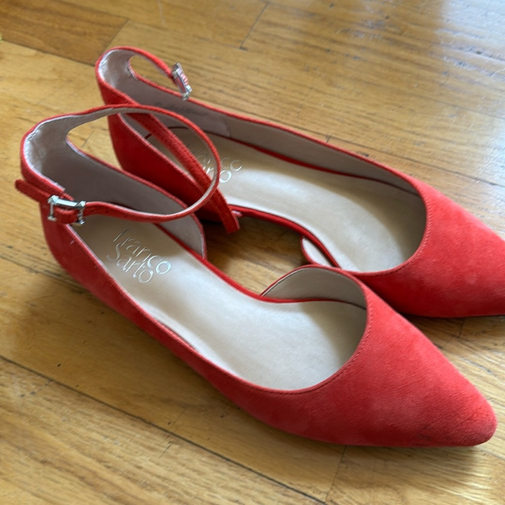 Orange suede flats with ankle straps - Like NEW!